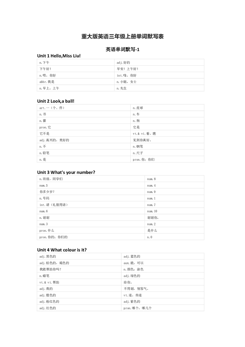 重大版英语三年级上册单词默写表_26春四年级上下册人教版_四上英语合集人教版PEP英语四年级上册新教材（教学视频+课件+动画+音频+练习+教案）_17练习资料_《小学英语单词默写表》