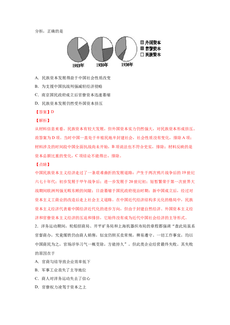 2023届高考历史一轮复习双测卷&mdash;&mdash;近代中国经济的发展和社会生活的变迁A卷(word版含解析）_07高考历史_通用版（老高考）复习资料_2023年复习资料