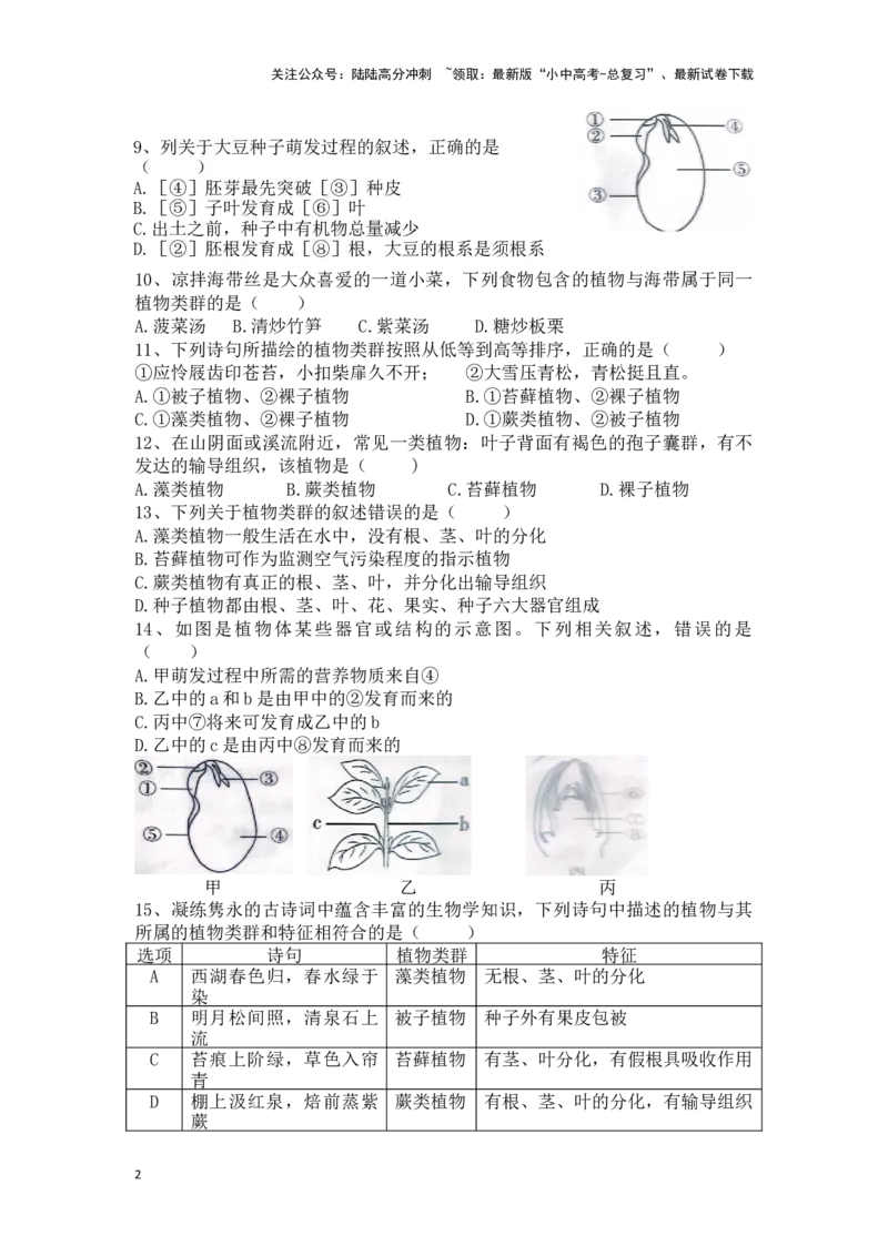 专题06生物圈中有哪些绿色植物及种子的萌发（原卷版）_02中考总复习（2026版更新中）_08-生物-中考总复习_2024年中考复习资料_一轮复习_配套练习