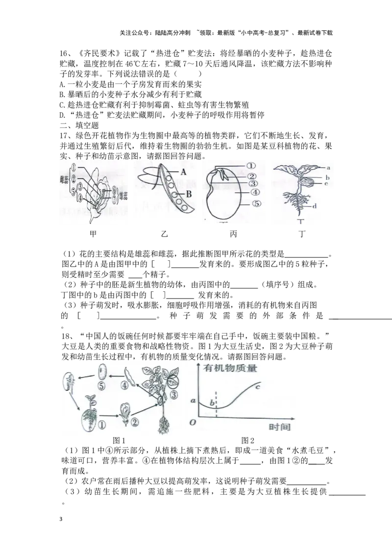 专题06生物圈中有哪些绿色植物及种子的萌发（原卷版）_02中考总复习（2026版更新中）_08-生物-中考总复习_2024年中考复习资料_一轮复习_配套练习