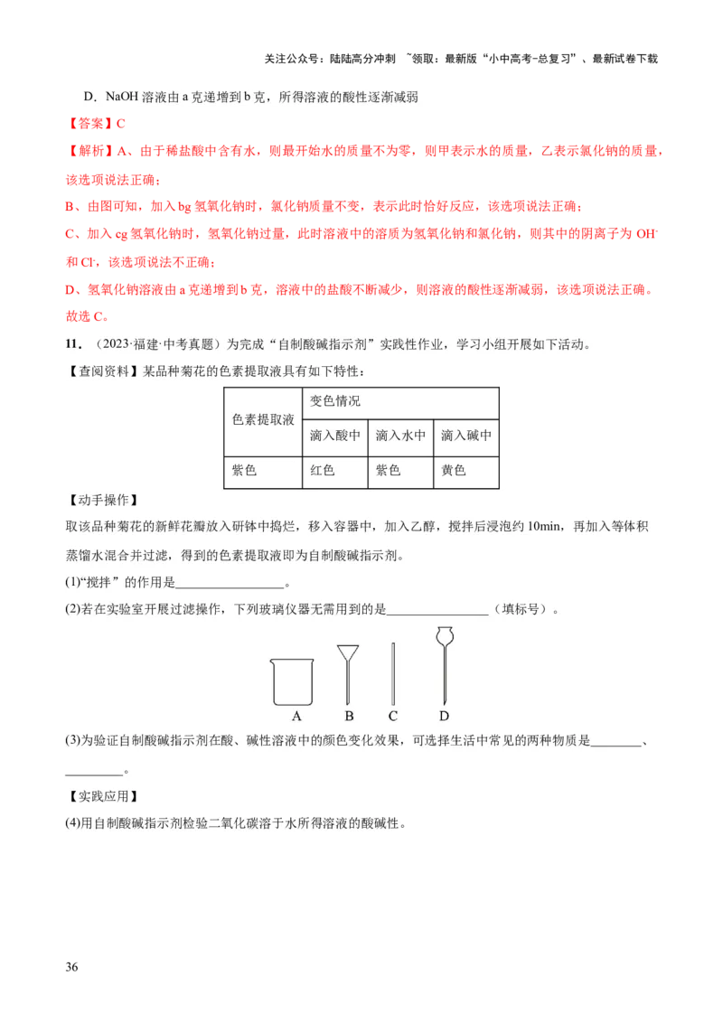 专题07常见的酸和碱（练习）-2024年中考化学一轮复习讲练测（全国通用）（解析版）_02中考总复习（2026版更新中）_05-化学-中考总复习_2024年中考复习资料_一轮复习资料