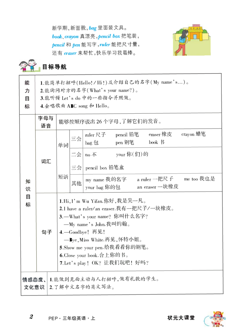 状元大课堂三年级上册英语人教PEP版正文_26春四年级上下册人教版_四上英语合集人教版PEP英语四年级上册新教材（教学视频+课件+动画+音频+练习+教案）_17练习资料_《状元导学案》