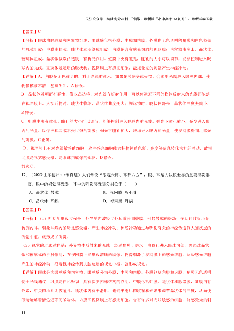 专题07人体生命活动的调节（全国通用）（解析版）_02中考总复习（2026版更新中）_08-生物-中考总复习_2026年中考复习（更新中）