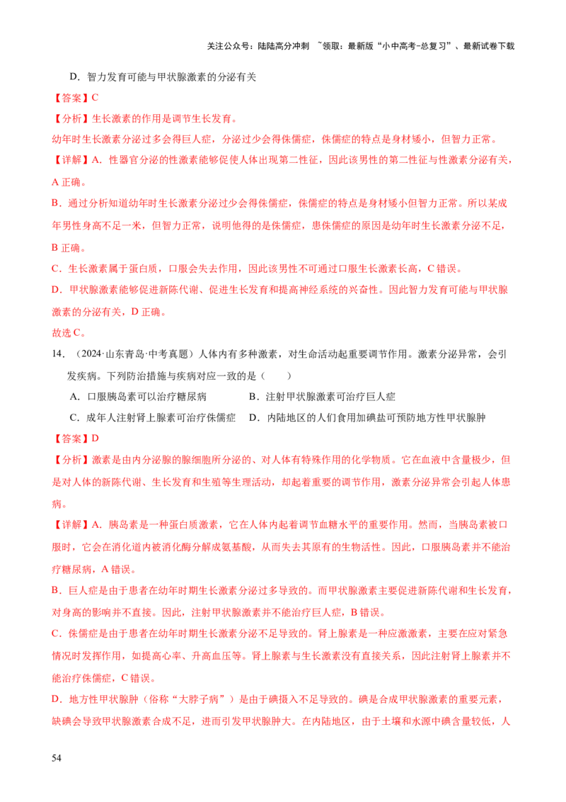 专题07人体生命活动的调节（全国通用）（解析版）_02中考总复习（2026版更新中）_08-生物-中考总复习_2026年中考复习（更新中）