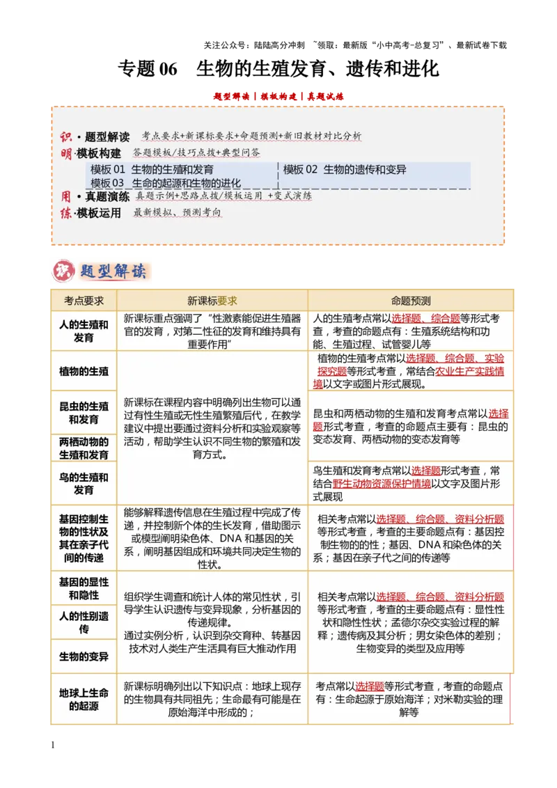 专题06生物的生殖发育、遗传和进化（3大答题模板）（原卷版）_02中考总复习（2026版更新中）_08-生物-中考总复习_2025中考复习资料_2025年中考生物答题方法模板