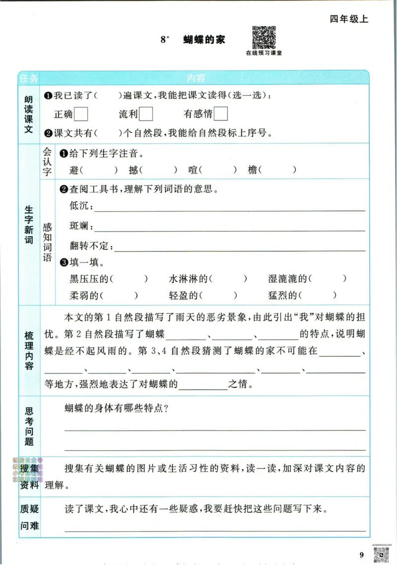 阳光同学四年级上册语文人教版预习单h_26春四年级上下册人教版_四上英语合集人教版PEP英语四年级上册新教材（教学视频+课件+动画+音频+练习+教案）_17练习资料_《预习卡》_1-6上册