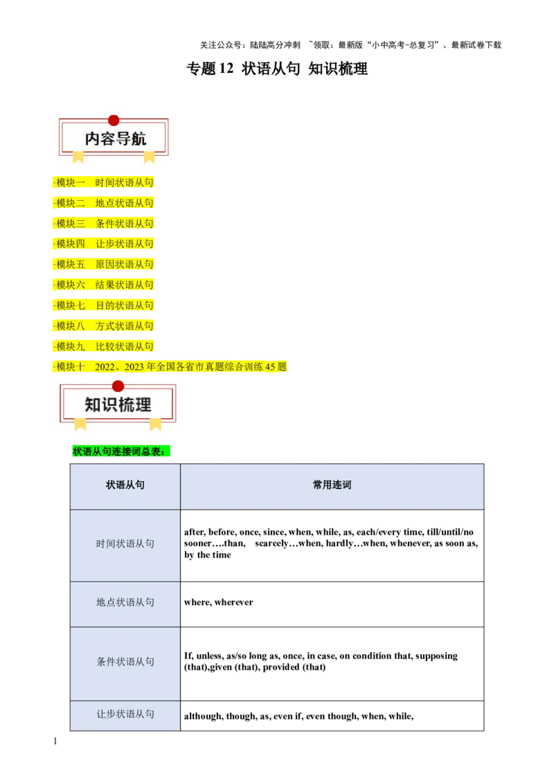 专题12状语从句知识梳理-口袋书2024年中考英语一轮复习知识清单（全国通用）（原卷版）_02中考总复习（2026版更新中）_03-英语-中考总复习_2024年中考复习资料_一轮复习