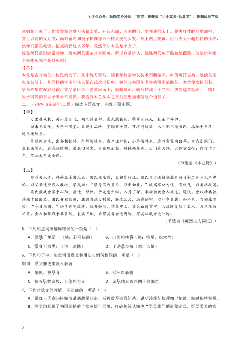 专题21：七下古诗词+文言文对比阅读精练-备战2025年中考语文一轮复习古代诗歌阅读（全国通用）解析版_02中考总复习（2026版更新中）_01-语文-中考总复习_2025年中考资料_中考文言文专项