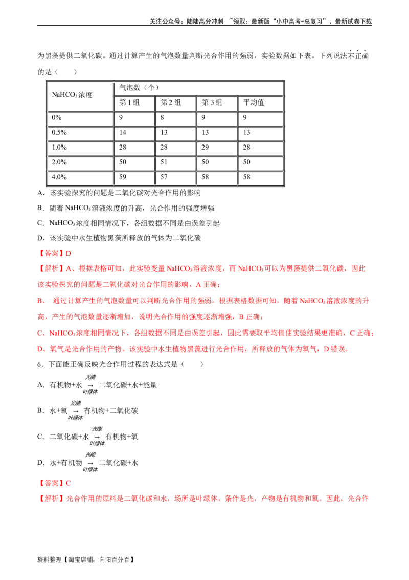 专题07绿色植物的光合作用（习题精练）（解析版）_02中考总复习（2026版更新中）_08-生物-中考总复习_2024年中考复习资料_一轮复习_配套练习（原卷版+解析版）_答案解析版