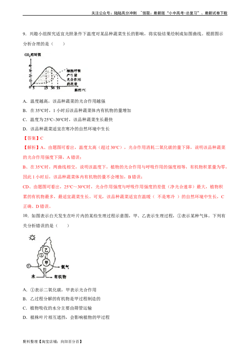 专题07绿色植物的光合作用（习题精练）（解析版）_02中考总复习（2026版更新中）_08-生物-中考总复习_2024年中考复习资料_一轮复习_配套练习（原卷版+解析版）_答案解析版