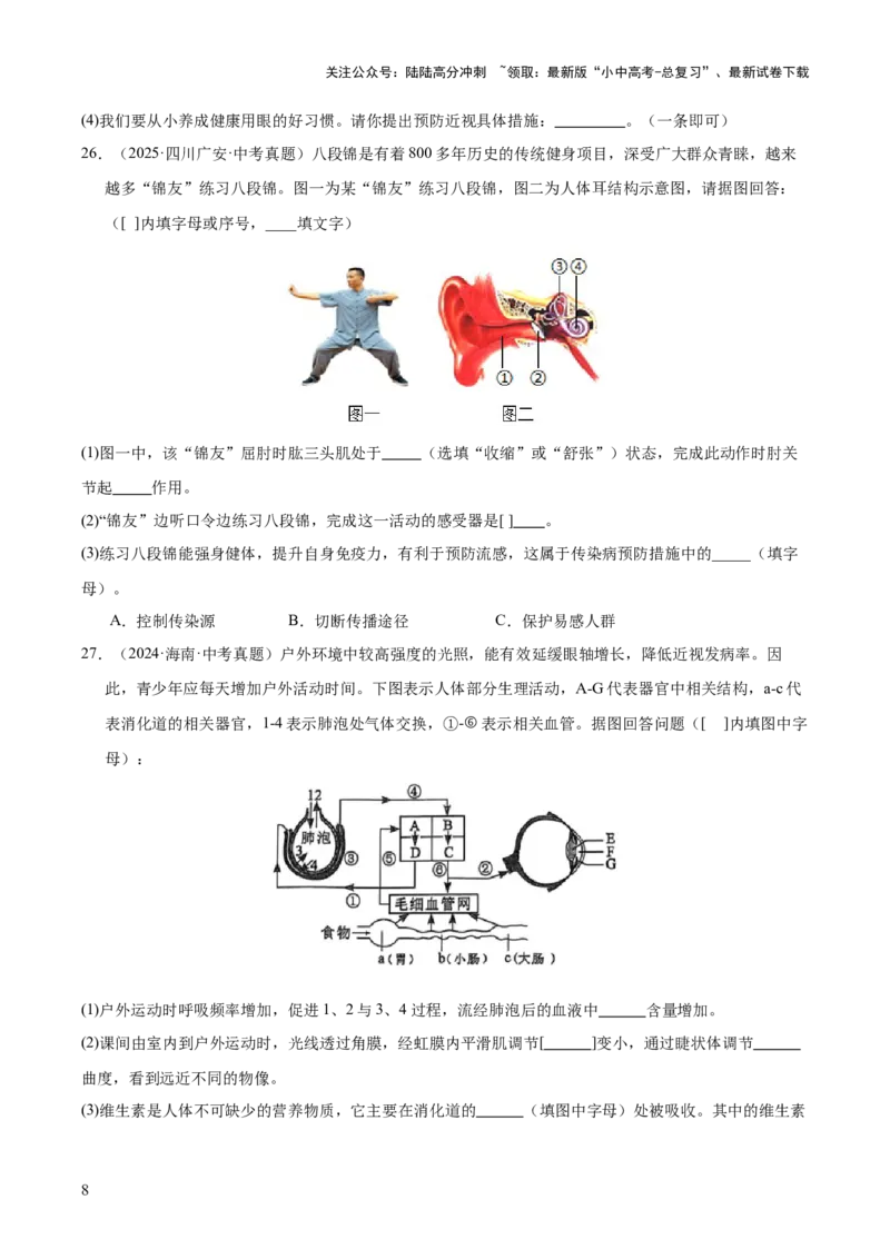 专题07人体生命活动的调节（全国通用）（原卷版）_02中考总复习（2026版更新中）_08-生物-中考总复习_2026年中考复习（更新中）
