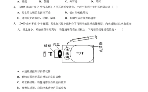 专题07人体生命活动的调节（全国通用）（原卷版）_02中考总复习（2026版更新中）_08-生物-中考总复习_2026年中考复习（更新中）