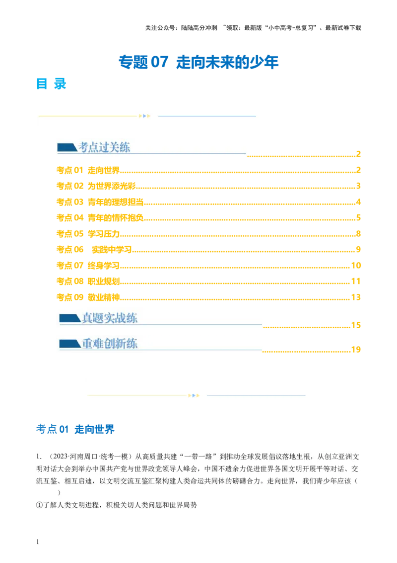 专题07走向未来的少年（练习）（解析版）_02中考总复习（2026版更新中）_07-道法-中考总复习_2024年中考复习资料_一轮复习_2024年中考道德与法治一轮复习讲练测（全国通用）