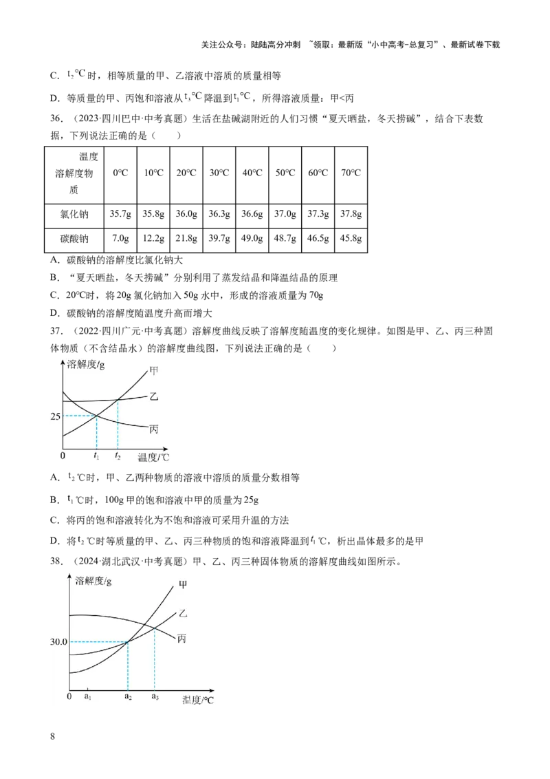 专题06溶液（原卷版）-好题汇编三年（2022-2024）中考化学真题分类汇编（全国通用）_02中考总复习（2026版更新中）_05-化学-中考总复习_2025年中考复习资料