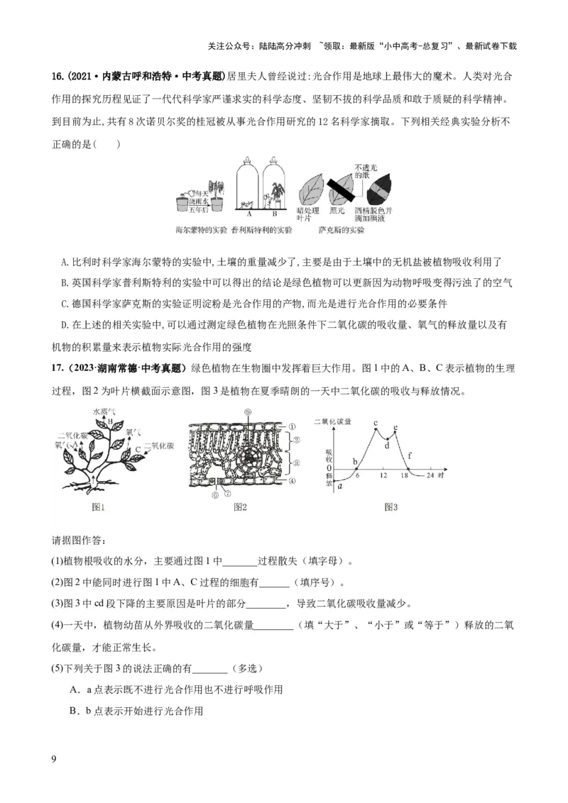 专题07绿色植物的光合作用（练习）（原卷版）_02中考总复习（2026版更新中）_08-生物-中考总复习_2024年中考复习资料_一轮复习_❤2024年中考生物一轮复习讲练测（全国通用）_练习