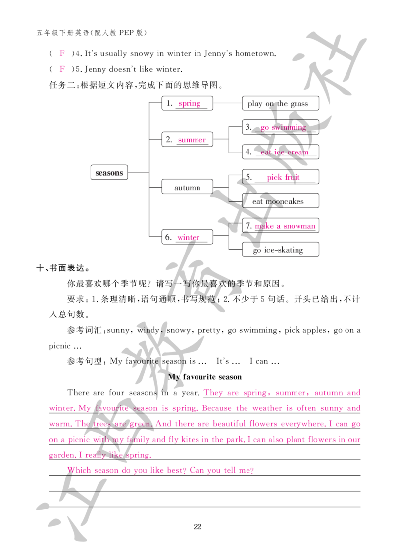（参考答案）英语作业本（配人教PEP版）五年级下册_26春四年级上下册人教版_四上英语合集人教版PEP英语四年级上册新教材（教学视频+课件+动画+音频+练习+教案）_17练习资料