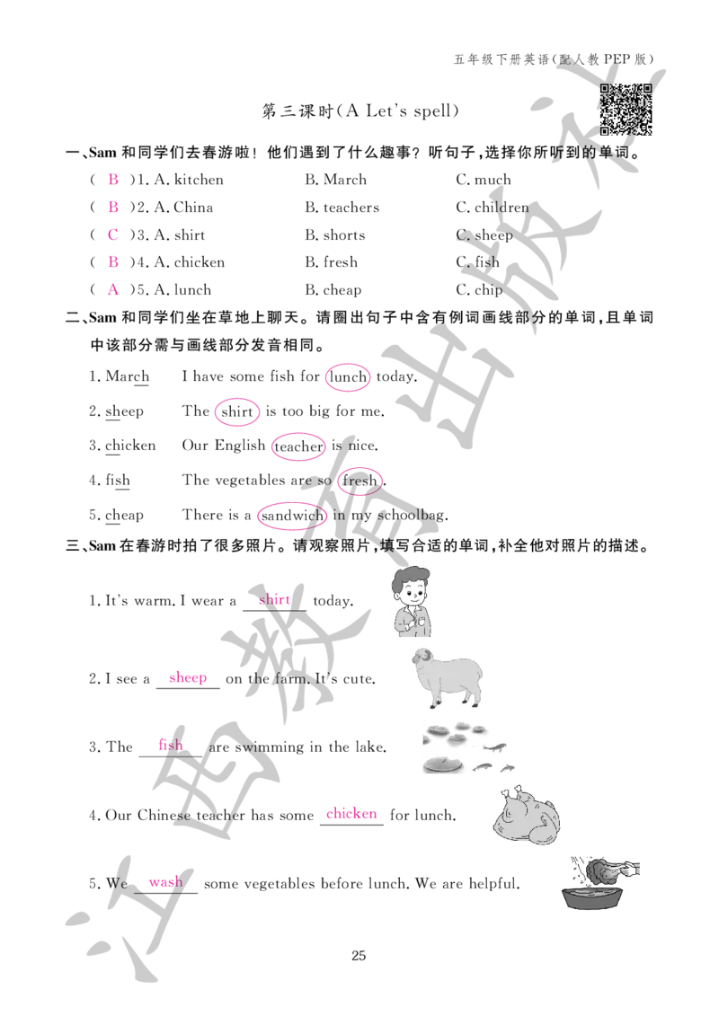 （参考答案）英语作业本（配人教PEP版）五年级下册_26春四年级上下册人教版_四上英语合集人教版PEP英语四年级上册新教材（教学视频+课件+动画+音频+练习+教案）_17练习资料