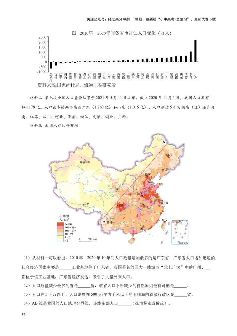 专题16中国的人口和民族-备战2024年中考地理识图速记手册与变式演练（全国通用）（原卷版）_02中考总复习（2026版更新中）_09-地理-中考总复习_2024年中考复习资料_专项复习资料
