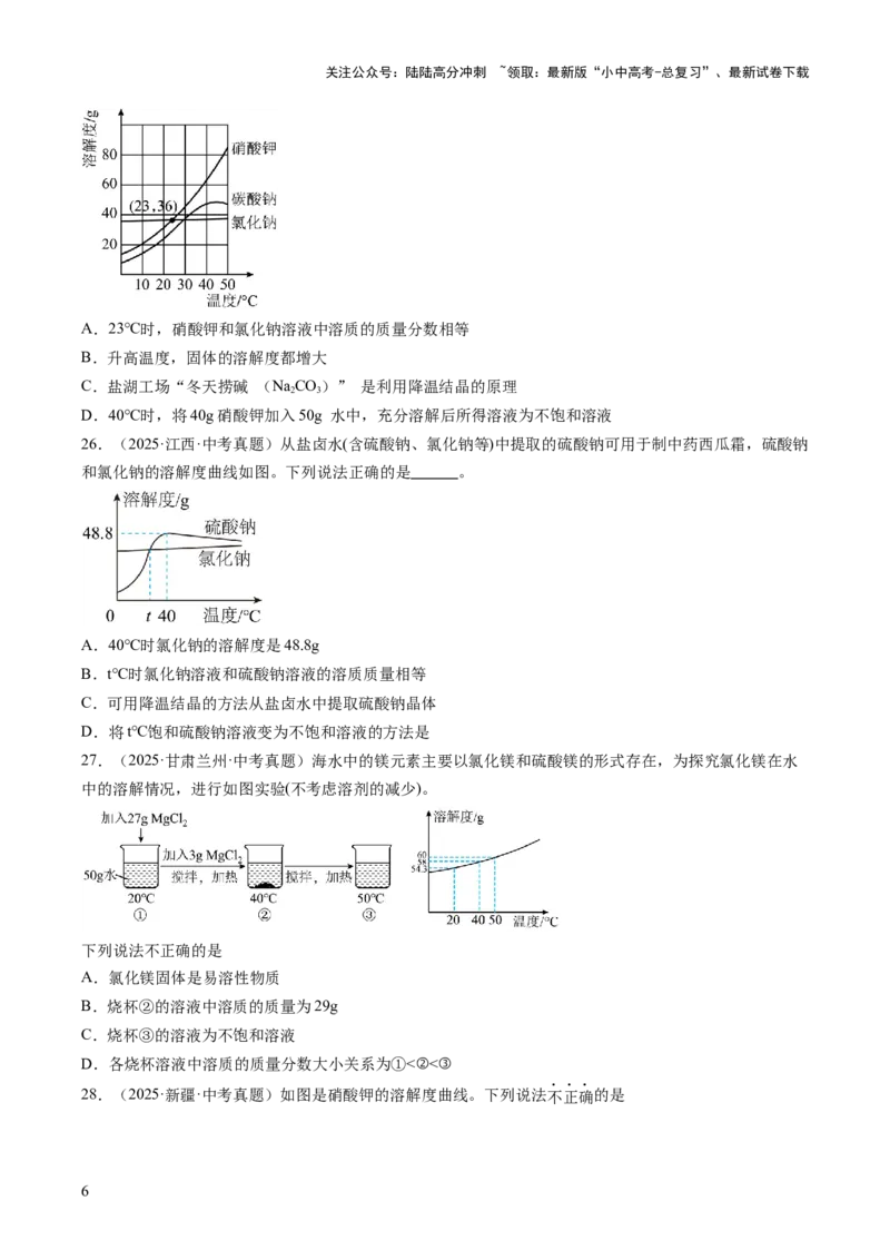 专题06溶液（原卷版）_02中考总复习（2026版更新中）_05-化学-中考总复习_2026年中考复习（更新中）_好题汇编三年（2023-2025）中考化学真题分类汇编（全国通用）
