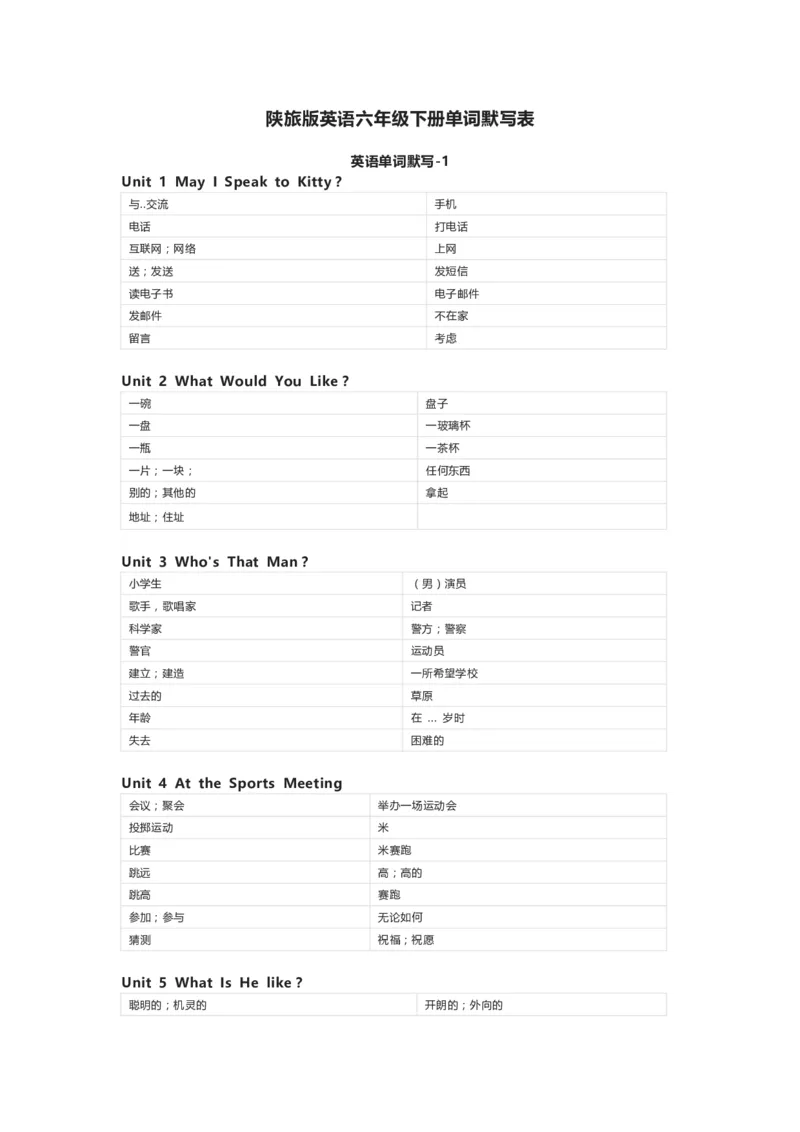 陕旅版英语六年级下册单词默写表_26春四年级上下册人教版_四上英语合集人教版PEP英语四年级上册新教材（教学视频+课件+动画+音频+练习+教案）_17练习资料_《小学英语单词默写表》