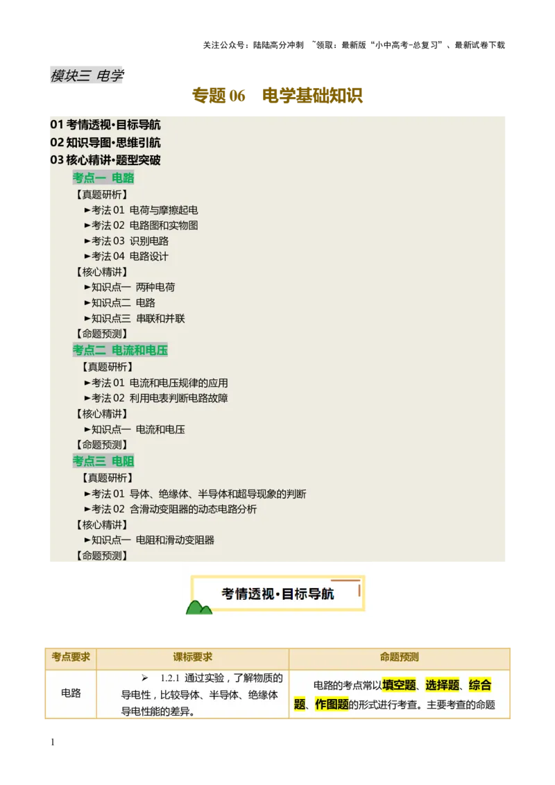 专题06电学基础知识（讲练）（原卷版）_02中考总复习（2026版更新中）_04-物理-中考总复习_2025年中考复习资料_2025中考二轮课件ppt+讲义+练习物理_讲义+练习