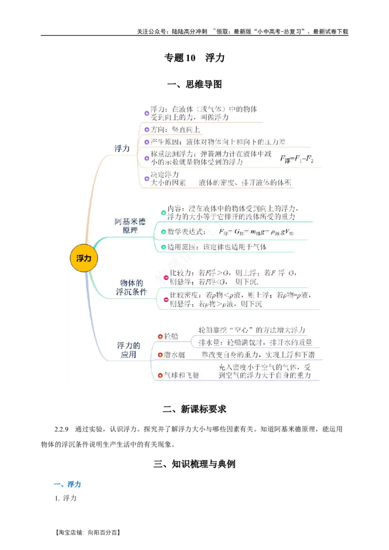 专题10浮力（知识梳理+典例+练习）-2024物理中考一轮复习精品资料（教师版）_02中考总复习（2026版更新中）_04-物理-中考总复习_2024年中考复习资料_一轮复习_配套练习