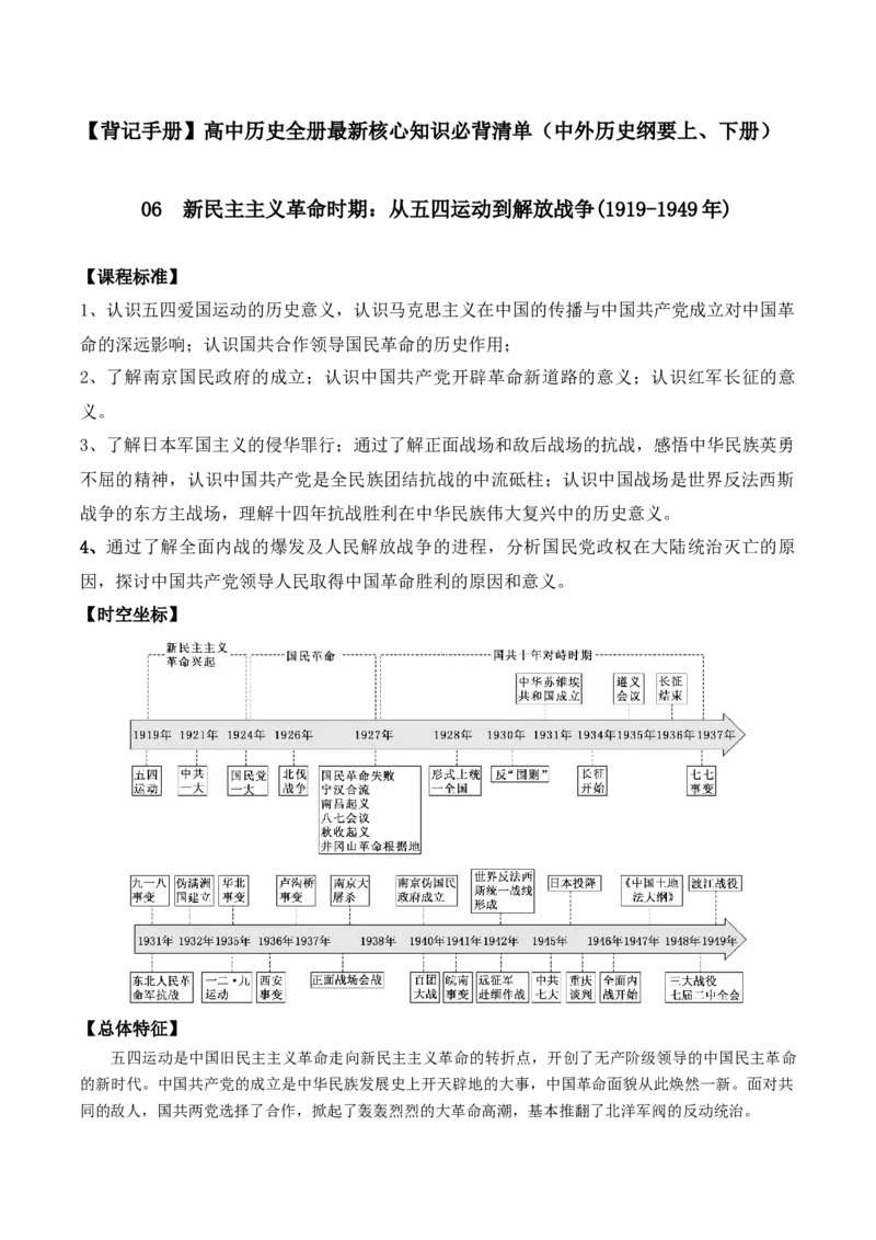 06+新民主主义革命时期：从五四运动到解放战争（1919-1949年）+-背记手册高中历史全册最新核心知识必背清单（中外历史纲要上、下册）_07高考历史_2024年新高考资料_1.2024一轮复习