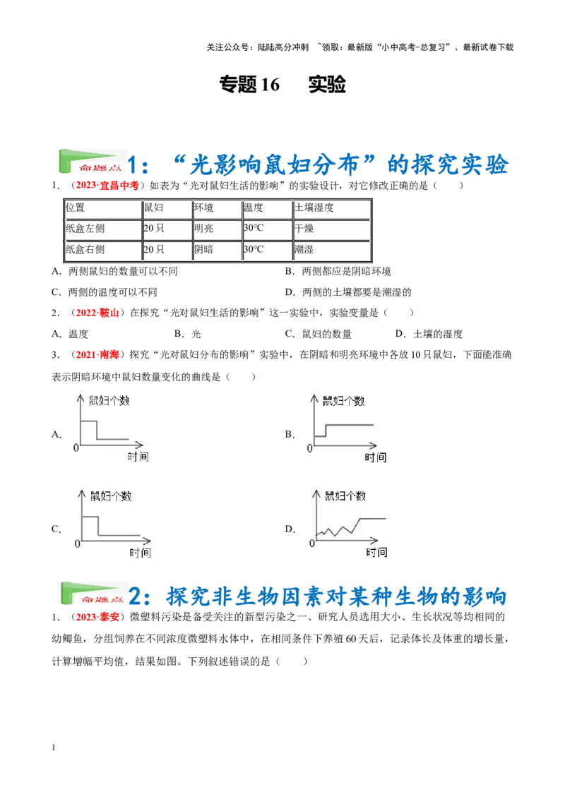 专题16&nbsp;实验（原卷版）_02中考总复习（2026版更新中）_08-生物-中考总复习_2024年中考复习资料_专项复习_完三年（2021-2023）中考生物真题分项汇编（全国通用）