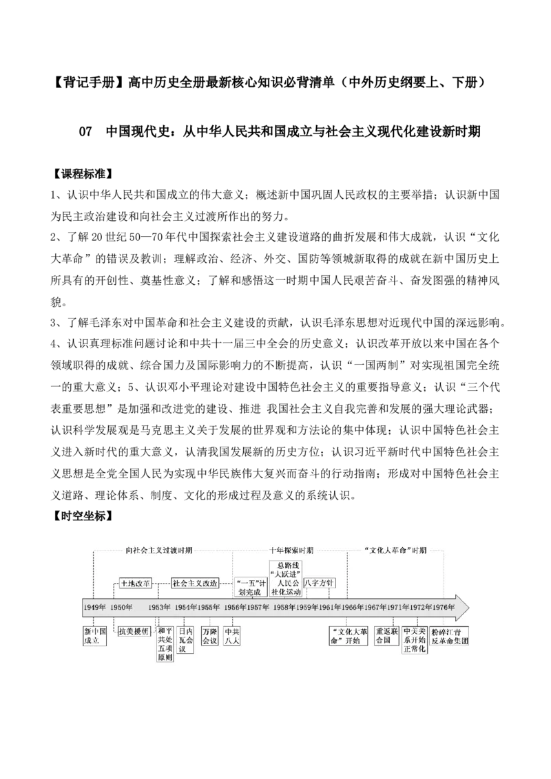07+中国现代史：从中华人民共和国成立到社会主义现代化建设新时期+-背记手册高中历史全册最新核心知识必背清单（中外历史纲要上、下册）_07高考历史_2024年新高考资料