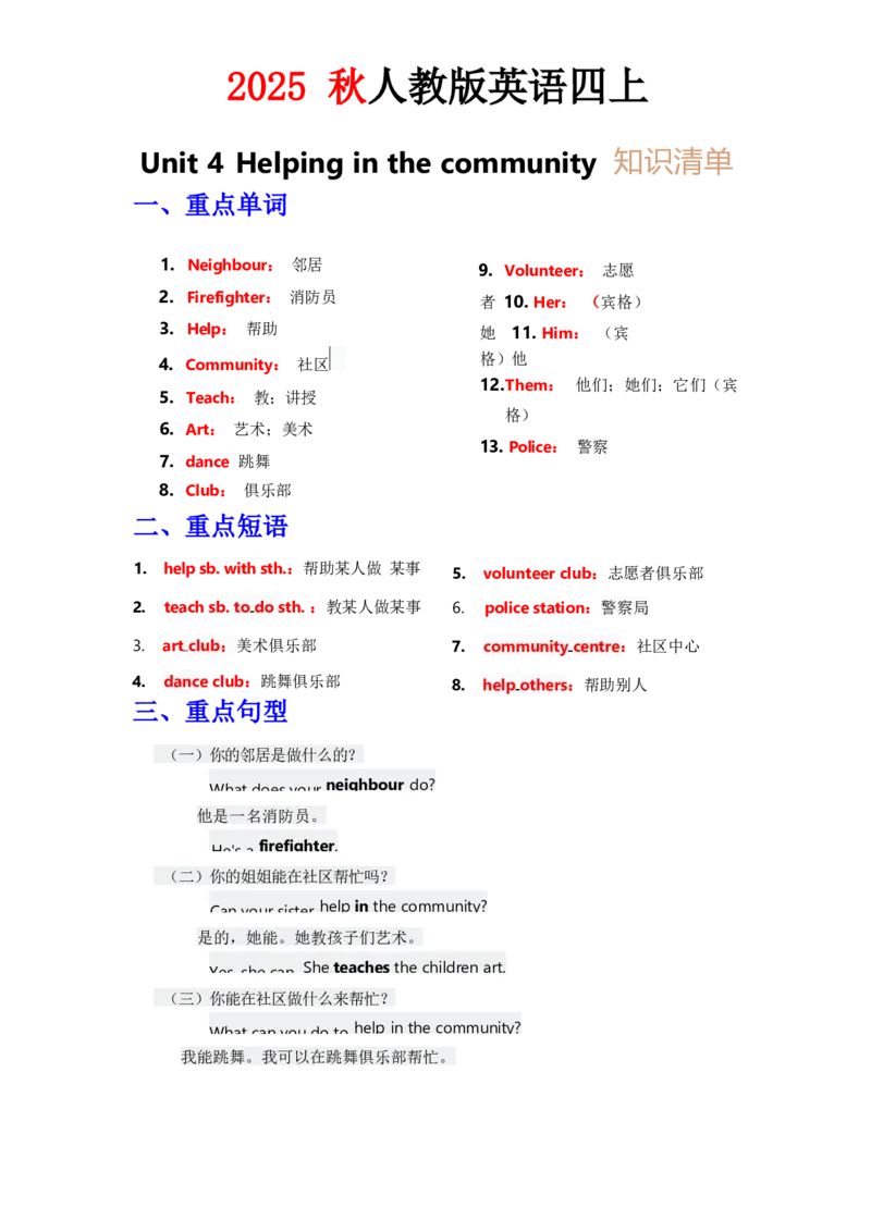 知识清单Unit4教师版_26春四年级上下册人教版_四上英语合集人教版PEP英语四年级上册新教材（教学视频+课件+动画+音频+练习+教案）_13知识清单（word）