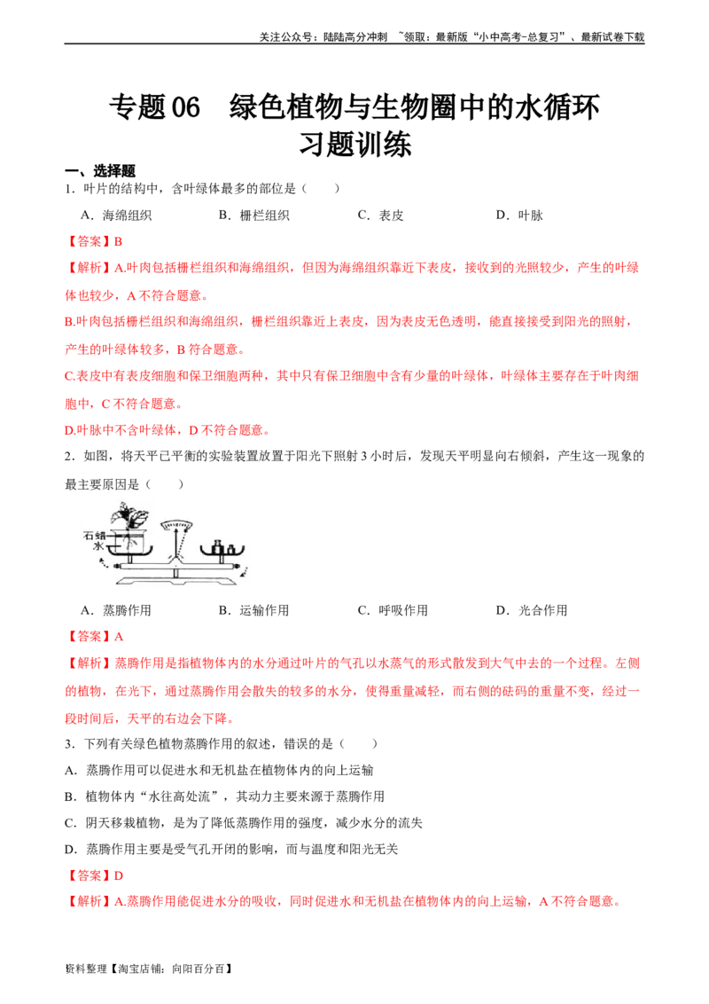 专题06绿色植物与生物圈中的水循环（习题精练）（解析版）_02中考总复习（2026版更新中）_08-生物-中考总复习_2024年中考复习资料_一轮复习_配套练习（原卷版+解析版）_答案解析版