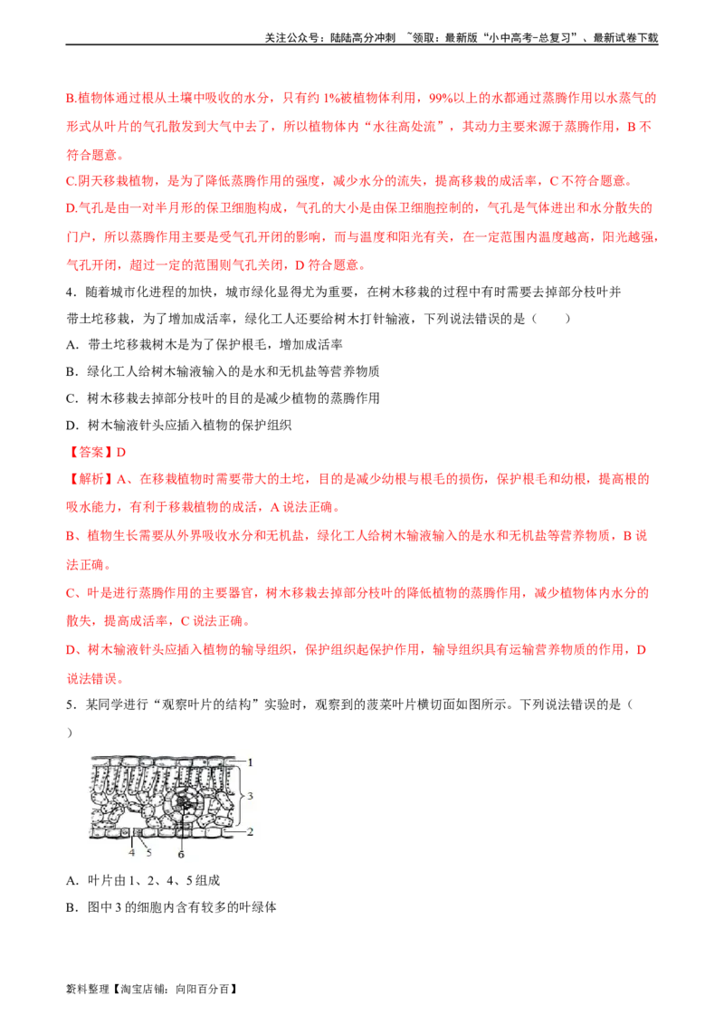 专题06绿色植物与生物圈中的水循环（习题精练）（解析版）_02中考总复习（2026版更新中）_08-生物-中考总复习_2024年中考复习资料_一轮复习_配套练习（原卷版+解析版）_答案解析版