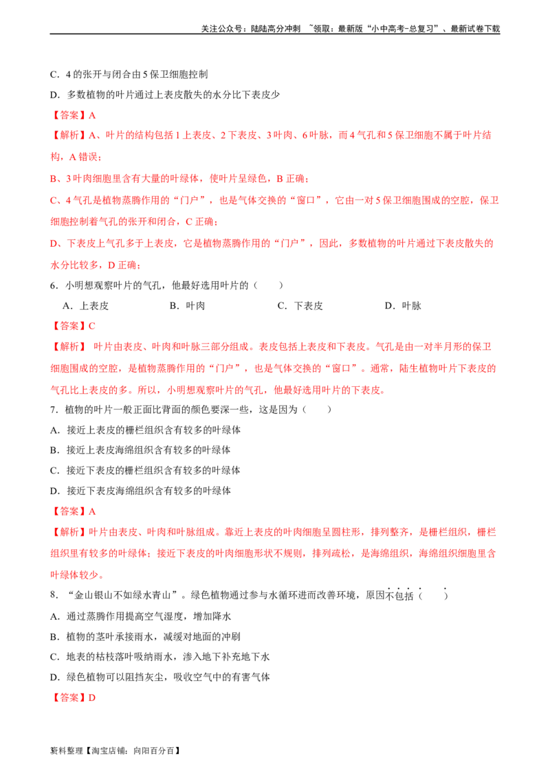 专题06绿色植物与生物圈中的水循环（习题精练）（解析版）_02中考总复习（2026版更新中）_08-生物-中考总复习_2024年中考复习资料_一轮复习_配套练习（原卷版+解析版）_答案解析版