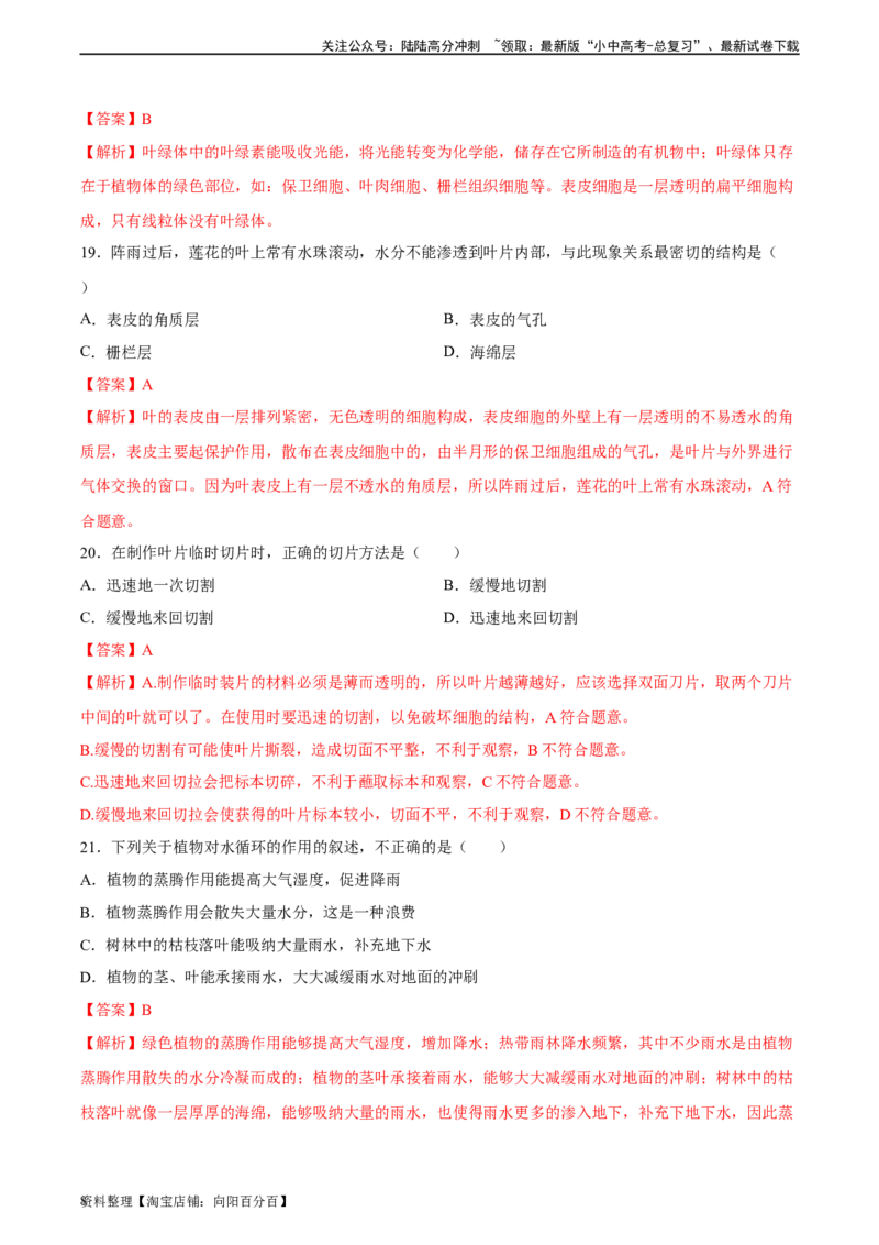 专题06绿色植物与生物圈中的水循环（习题精练）（解析版）_02中考总复习（2026版更新中）_08-生物-中考总复习_2024年中考复习资料_一轮复习_配套练习（原卷版+解析版）_答案解析版