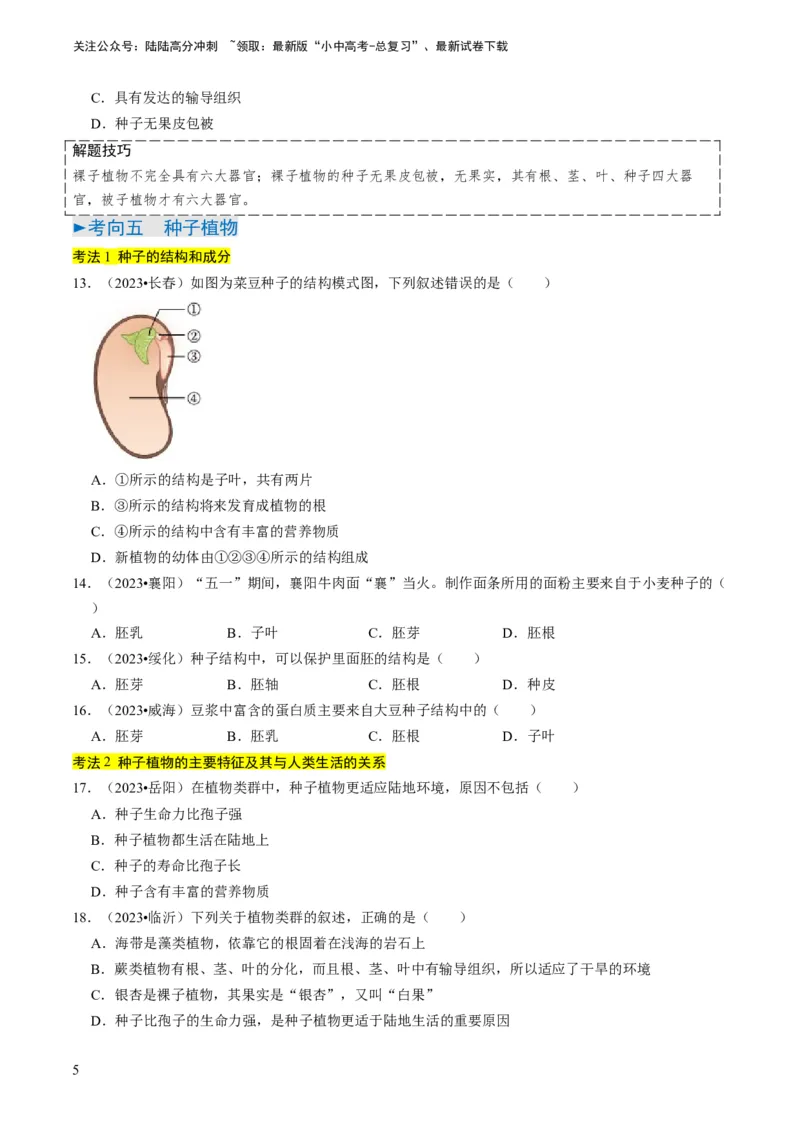 专题07生物圈中有哪些绿色植物（原卷版）_02中考总复习（2026版更新中）_08-生物-中考总复习_2024年中考复习资料_专项复习_备战2024年中考生物真题题源解密