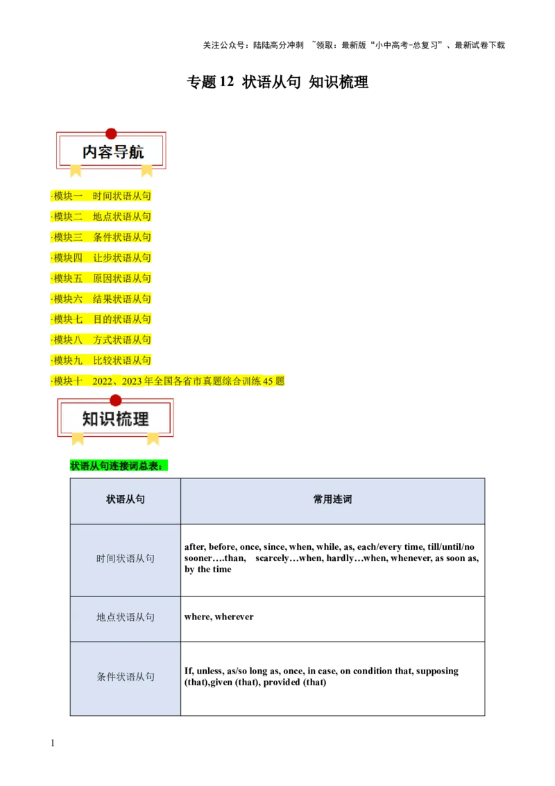 专题12状语从句知识梳理-口袋书2024年中考英语一轮复习知识清单（全国通用）（解析版）_02中考总复习（2026版更新中）_03-英语-中考总复习_2024年中考复习资料_一轮复习