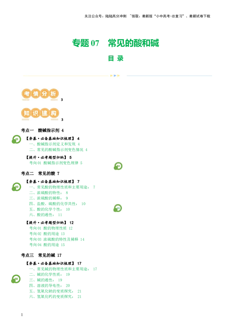 专题07常见的酸和碱（讲义）-2024年中考化学一轮复习讲练测（全国通用）（解析版）_02中考总复习（2026版更新中）_05-化学-中考总复习_2024年中考复习资料_一轮复习资料