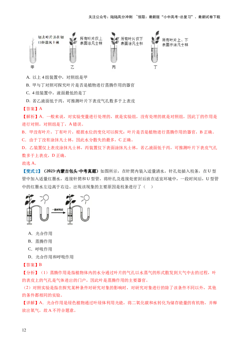 专题06绿色植物与生物圈的水循环（讲义）（解析版）_02中考总复习（2026版更新中）_08-生物-中考总复习_2024年中考复习资料_一轮复习_❤2024年中考生物一轮复习讲练测（全国通用）_讲义
