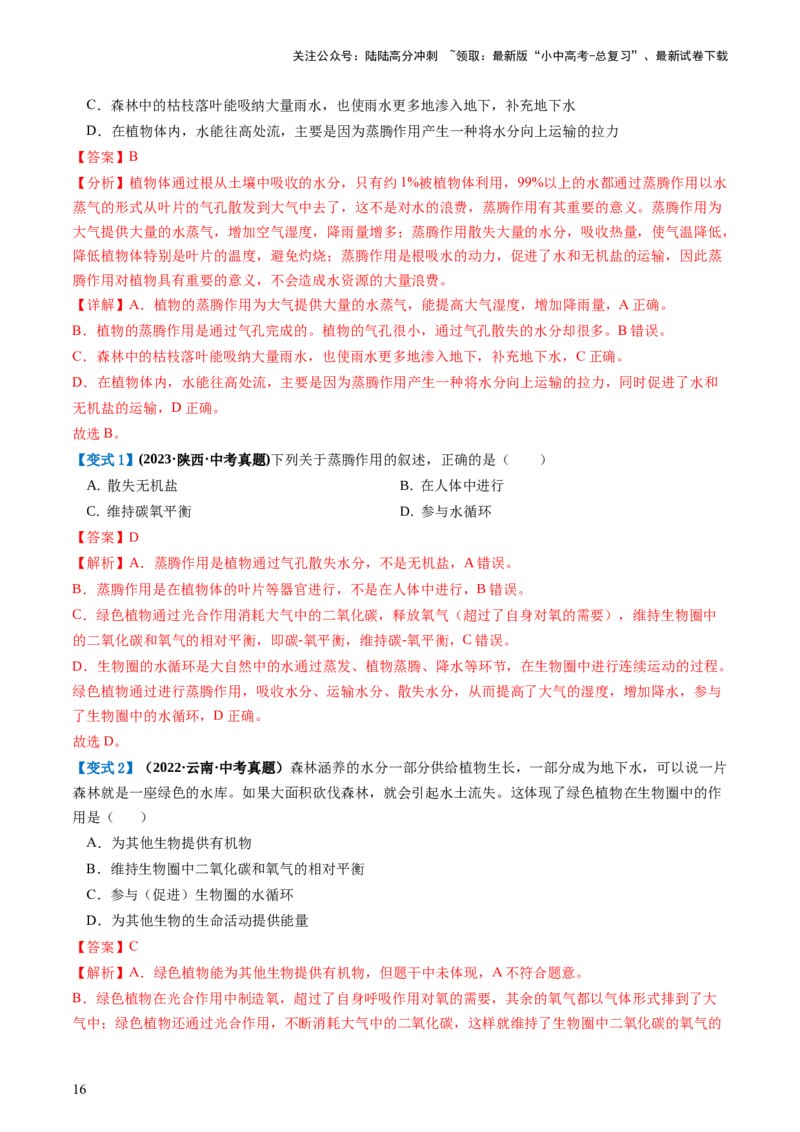 专题06绿色植物与生物圈的水循环（讲义）（解析版）_02中考总复习（2026版更新中）_08-生物-中考总复习_2024年中考复习资料_一轮复习_❤2024年中考生物一轮复习讲练测（全国通用）_讲义