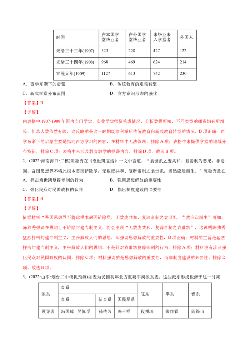 2022年高考历史真题与模拟题分专题训练专题06从甲午战争到五四运功（1894-1919年）（教师版含解析）_07高考历史_2024年新高考资料_3.2024专项复习