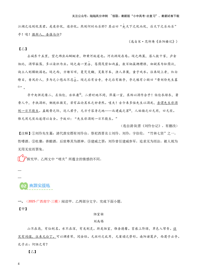 专题07：文言文阅读之把握情感主旨(练习）原卷版_02中考总复习（2026版更新中）_01-语文-中考总复习_2026年中考复习（更新中）