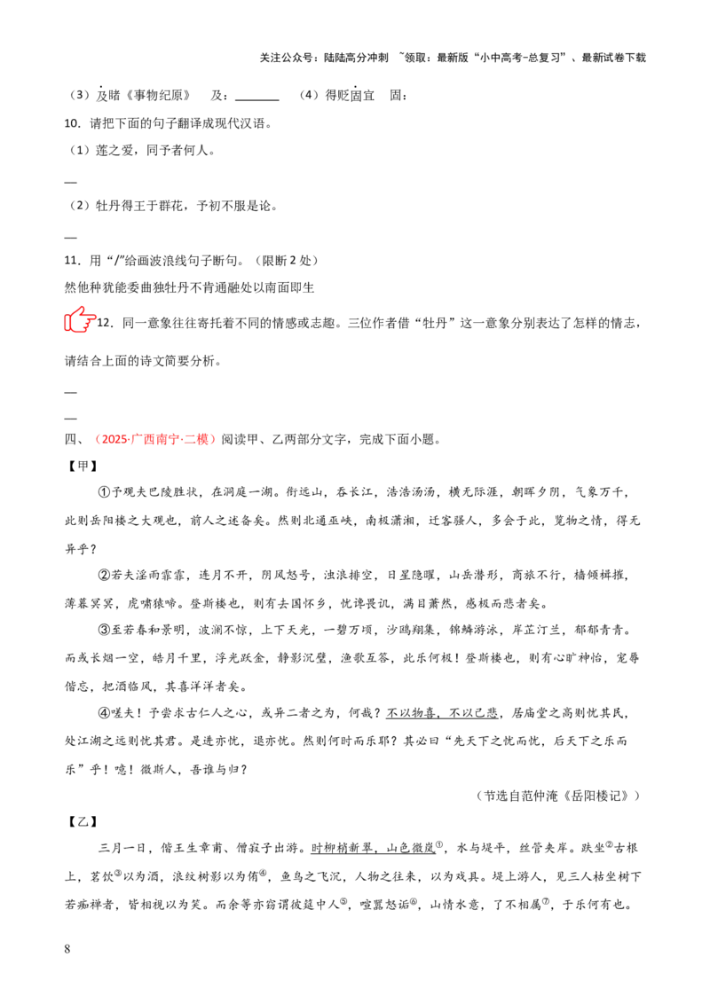 专题07：文言文阅读之把握情感主旨(练习）原卷版_02中考总复习（2026版更新中）_01-语文-中考总复习_2026年中考复习（更新中）