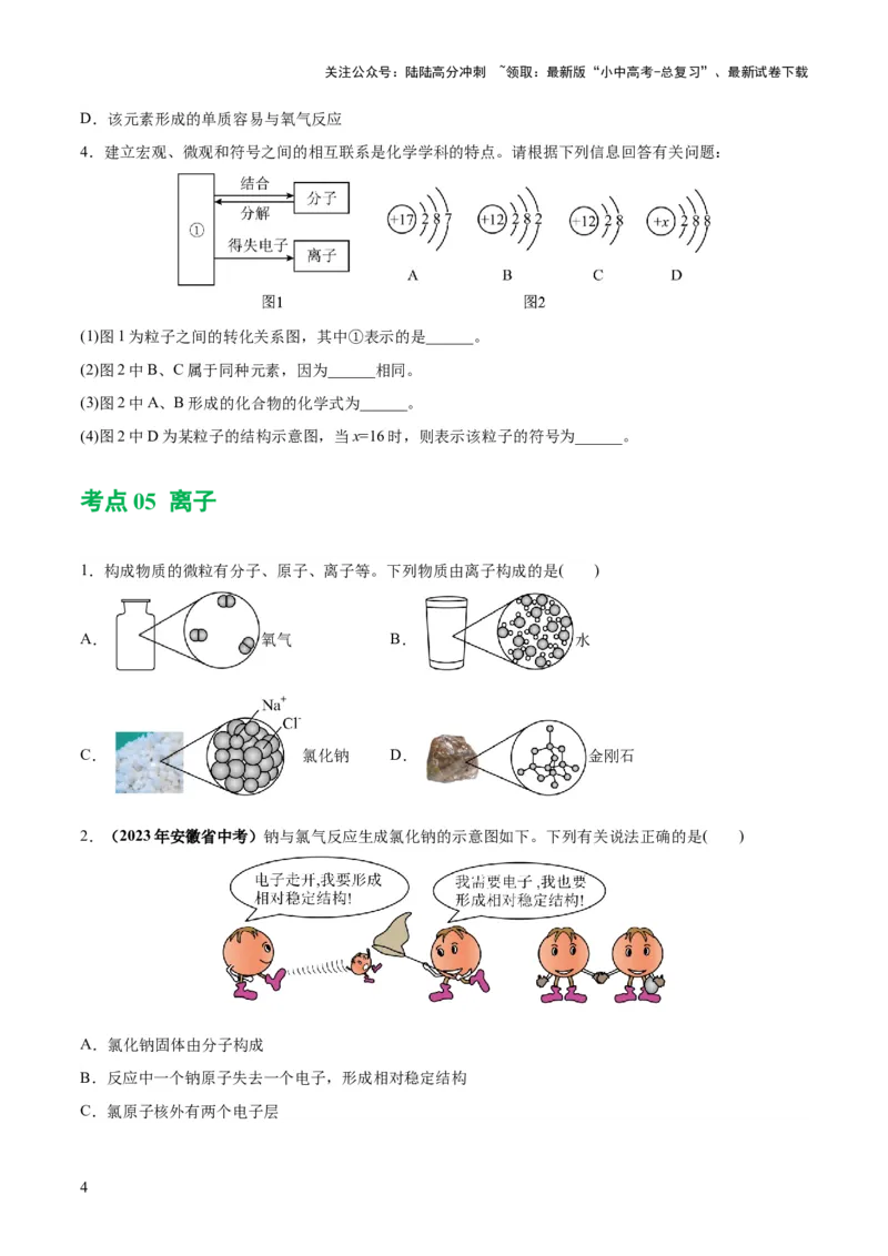 专题09构成物质的微粒元素（练习）-2024年中考化学一轮复习讲练测（全国通用）（原卷版）_02中考总复习（2026版更新中）_05-化学-中考总复习_2024年中考复习资料_一轮复习资料