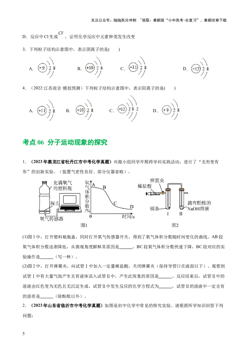 专题09构成物质的微粒元素（练习）-2024年中考化学一轮复习讲练测（全国通用）（原卷版）_02中考总复习（2026版更新中）_05-化学-中考总复习_2024年中考复习资料_一轮复习资料