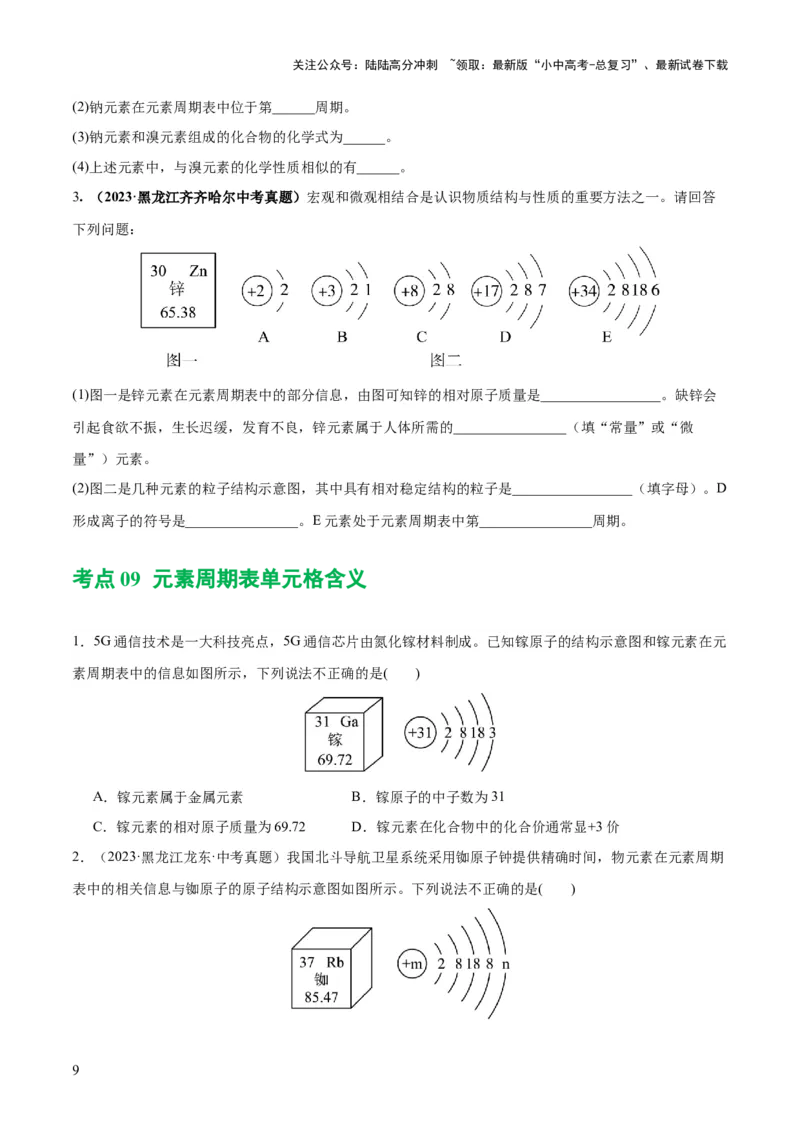 专题09构成物质的微粒元素（练习）-2024年中考化学一轮复习讲练测（全国通用）（原卷版）_02中考总复习（2026版更新中）_05-化学-中考总复习_2024年中考复习资料_一轮复习资料