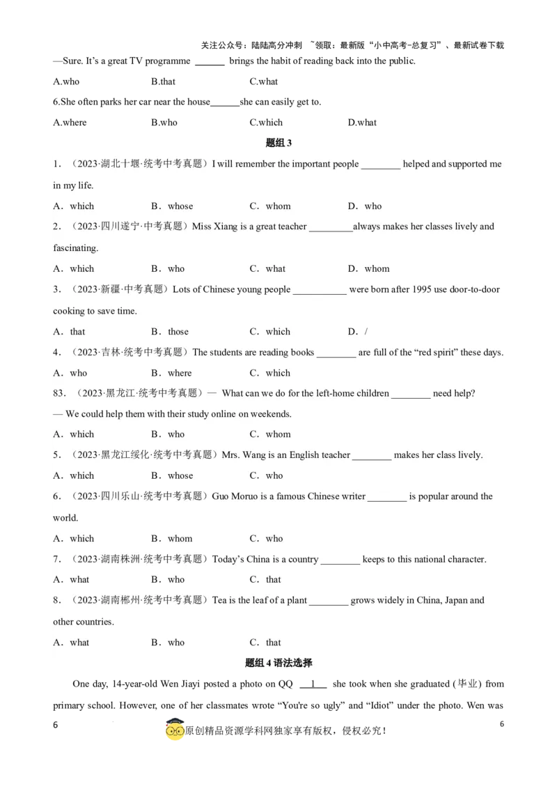 专题16.定语从句考点聚焦和精讲（原卷版）_02中考总复习（2026版更新中）_03-英语-中考总复习_2024年中考复习资料_一轮复习_备战2024年中考英语一轮复习考点帮（全国通用）