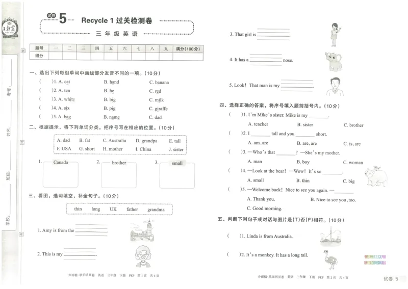 王朝霞单元活页卷三年级下册英语人教PEP版_26春四年级上下册人教版_四上英语合集人教版PEP英语四年级上册新教材（教学视频+课件+动画+音频+练习+教案）_17练习资料_2024春