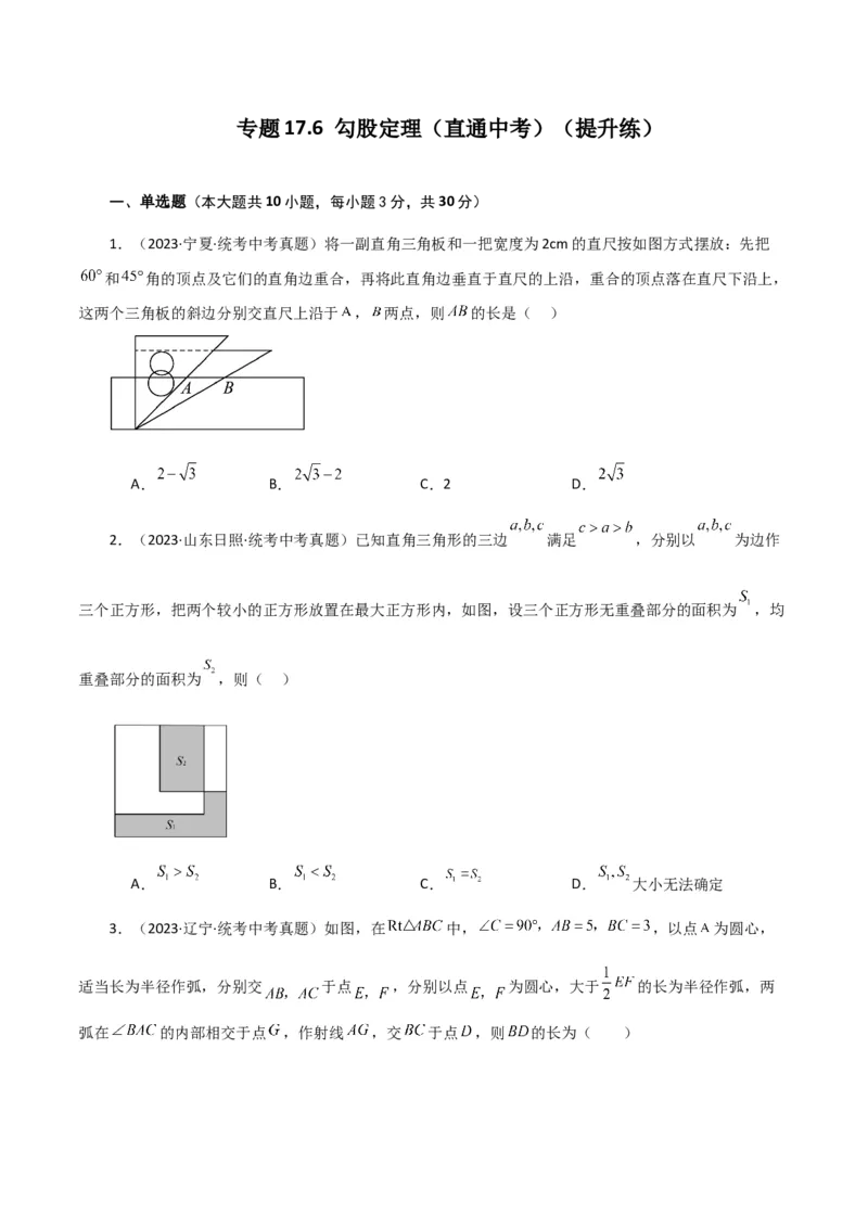 专题17.6勾股定理（直通中考）（提升练）-（人教版）_初中数学_八年级数学下册（人教版）_专题突破练习-V4