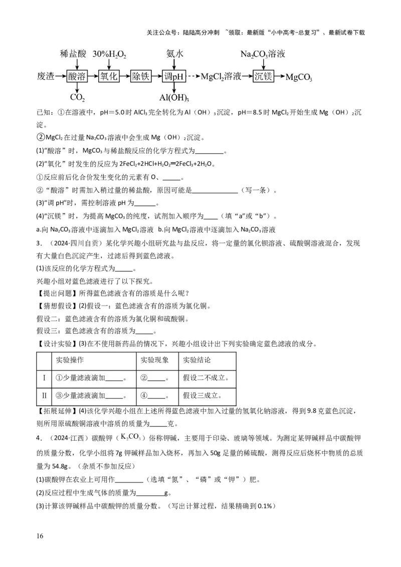 专题07常见的盐和化肥（原卷版）_02中考总复习（2026版更新中）_05-化学-中考总复习_2025年中考复习资料_备战2025年中考化学真题题源解密
