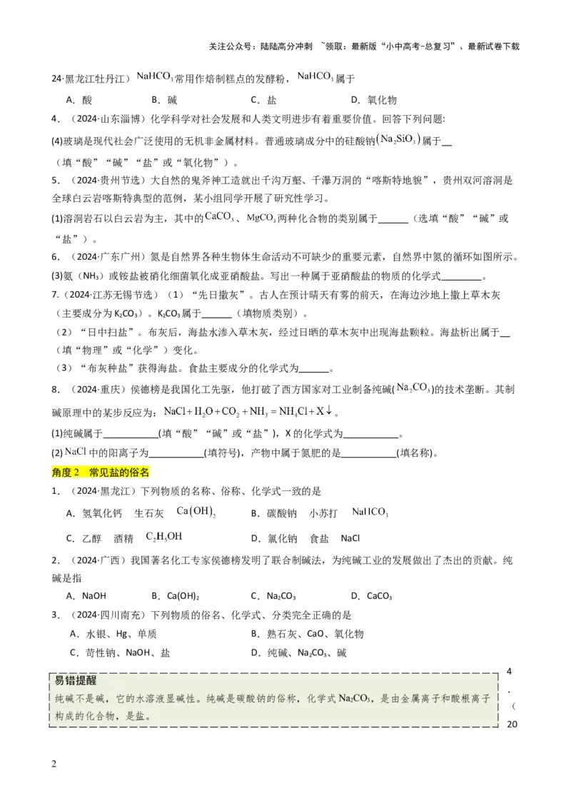 专题07常见的盐和化肥（原卷版）_02中考总复习（2026版更新中）_05-化学-中考总复习_2025年中考复习资料_备战2025年中考化学真题题源解密